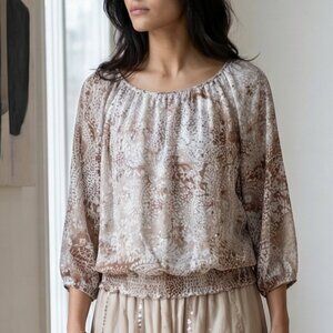 Cathy Daniels Gold Sequin Tan/White Paisley Top Ruched Bottom 3/4 SLV Women's L